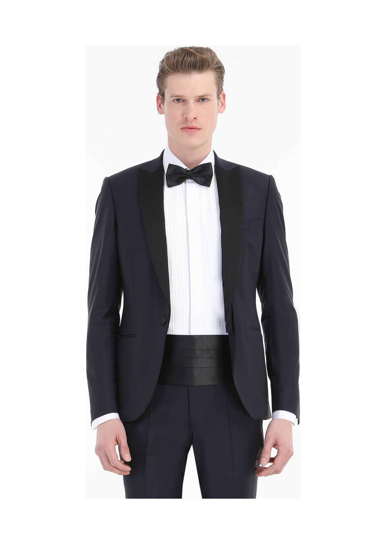 Ramsey Lacivert Düz Fashion Slim Fit Kruvaze Yaka Dokuma Smokin Takım Elbise görsel 3