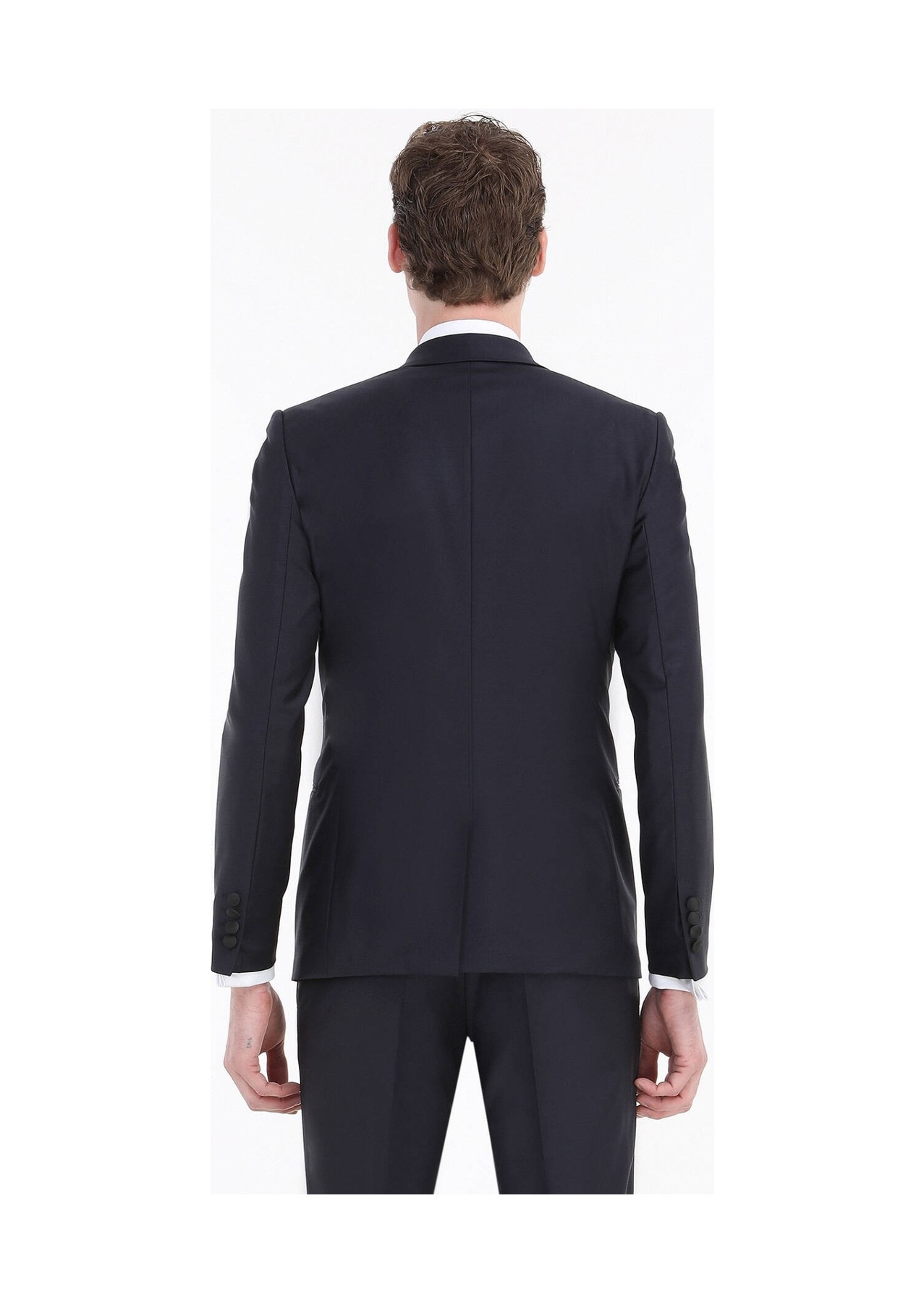 Ramsey Lacivert Düz Fashion Slim Fit Kruvaze Yaka Dokuma Smokin Takım Elbise görsel 5