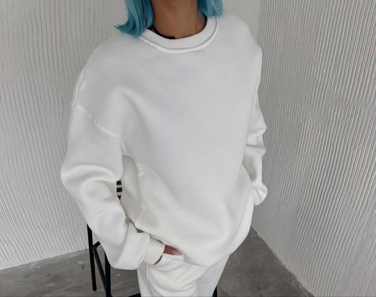 Tarz Yeri Kadın Bisiklet Yaka 3 Iplik Pamuklu Basic Sweatshirt - Beyaz görsel 2