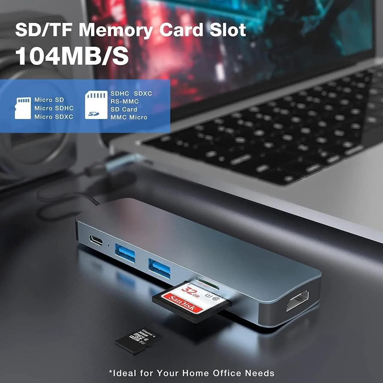 Aesco Lunatic 8040 Type C 3.1 Hub - HDMI 4K Usb2.0 2xusb3.0 Sd Tf Pd 60W 6'sı 1 Arada Premium USB Hub görsel 5