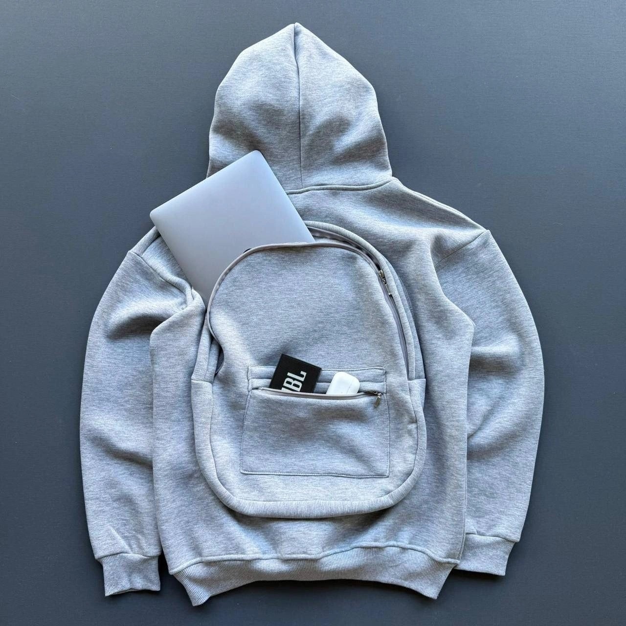 Hace Bazaar Kadın 3 Iplik Şardonlu Tam Fermuarlı Kapüşonlu Arka Çanta Detaylı Sweatshirt - Gri -Hcb görsel 2