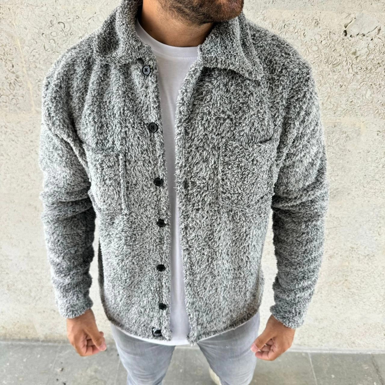Beruflic Pelüş Polar Hırka Gömlek, Gri görsel 2