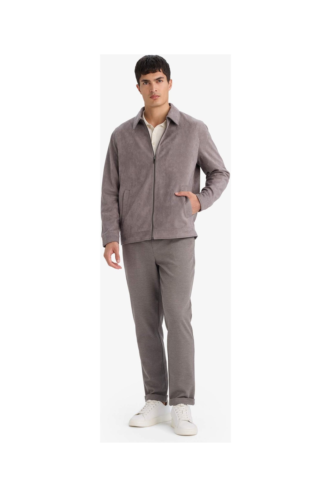 DeFacto Ultra Yumuşak Regular Fit Polo Yaka Astarlı Fermuarlı Süet Mont F7871AX26SP görsel 2