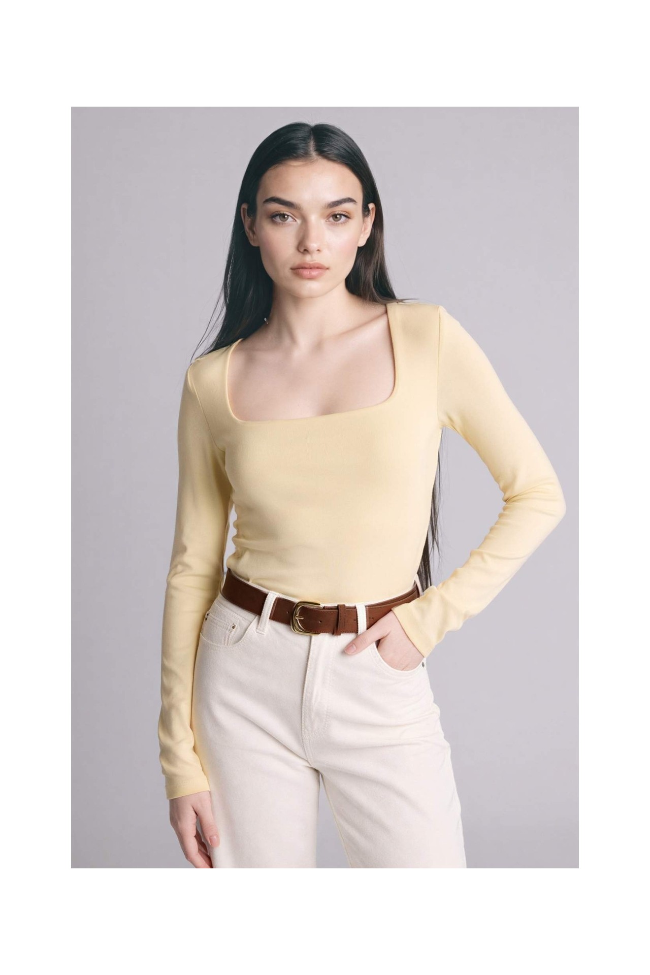 DeFacto Slim Fit Kare Yaka Basic Düz Modal Uzun Kollu Tişört G8527AX26SP görsel 6