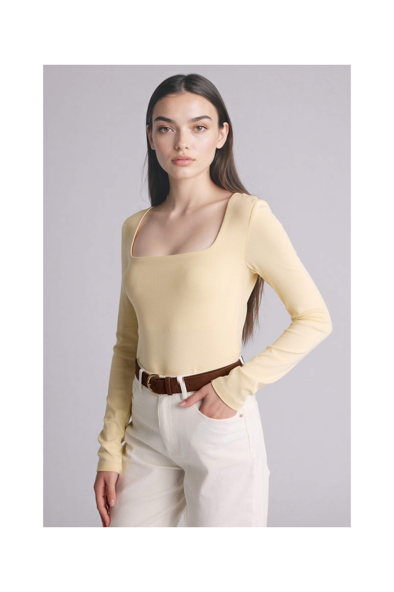 DeFacto Slim Fit Kare Yaka Basic Düz Modal Uzun Kollu Tişört G8527AX26SP görsel 8