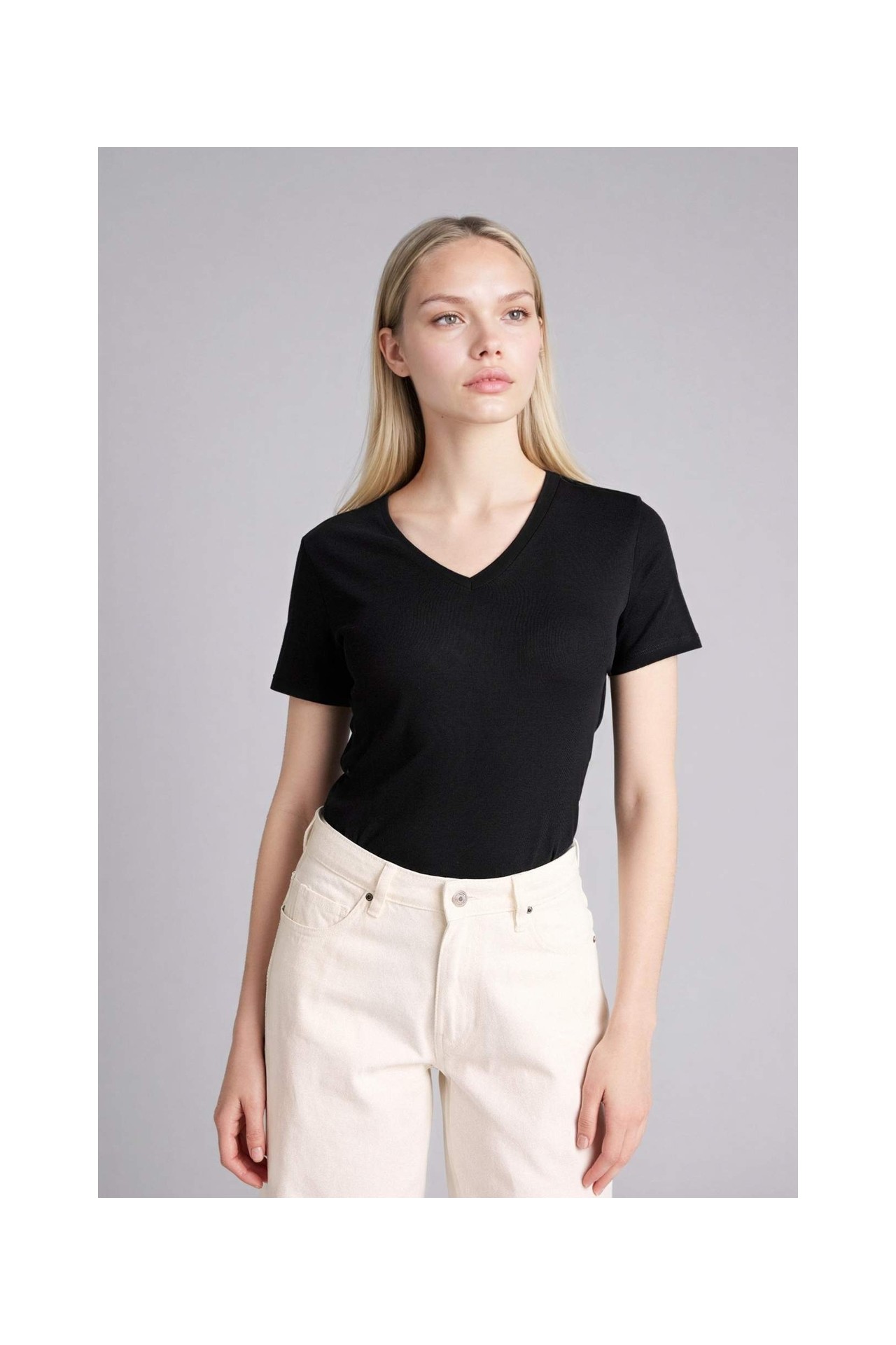 DeFacto %100 Pamuk Slim Fit V Yaka Basic Düz Ribana Kısa Kollu Tişört I1080AZ26SP