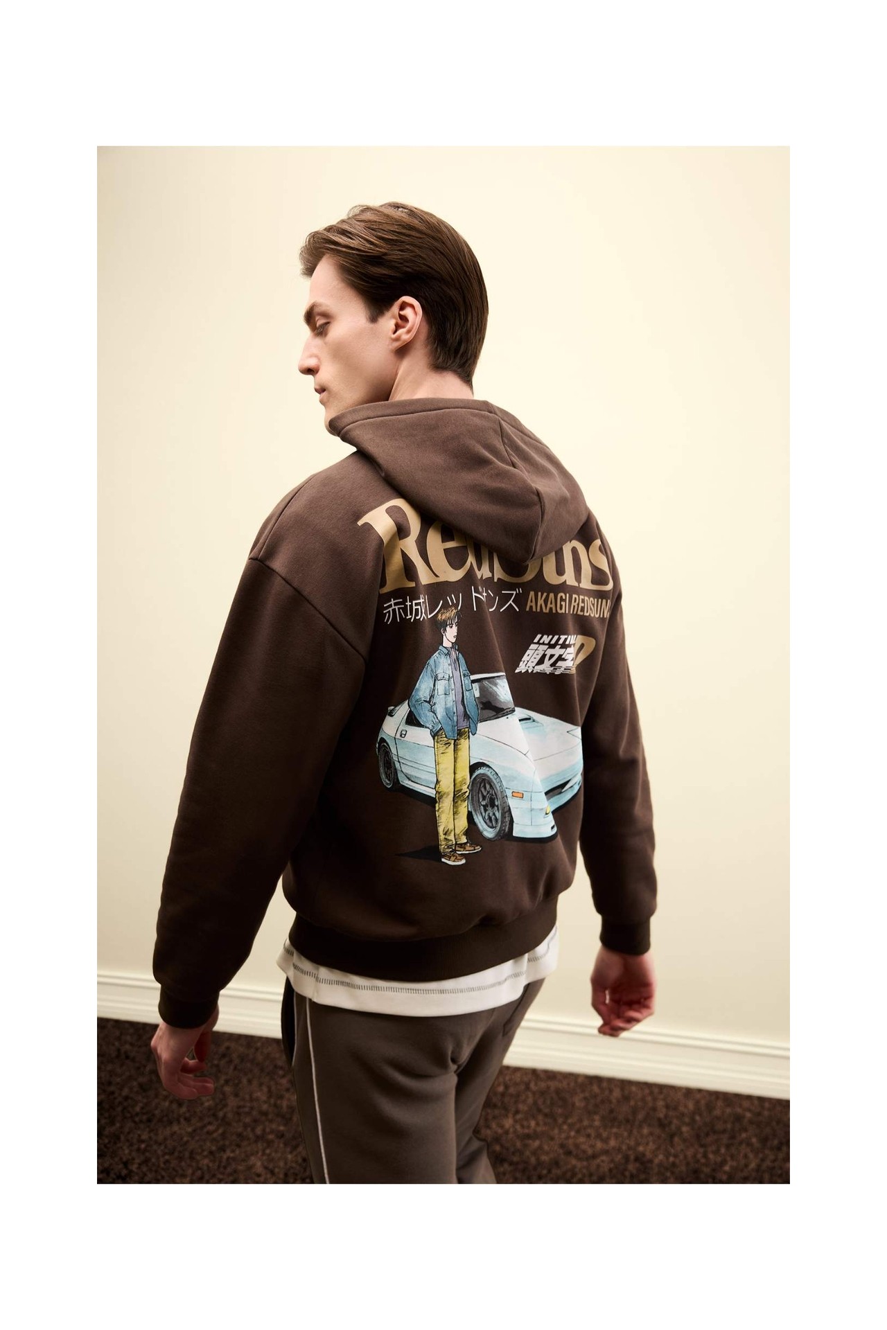 DeFacto Pamuklu Initial D Boxy Fit Kapüşonlu Baskılı Kalın Sweatshirt Kumaşı Sweatshirt F9760AX26SP