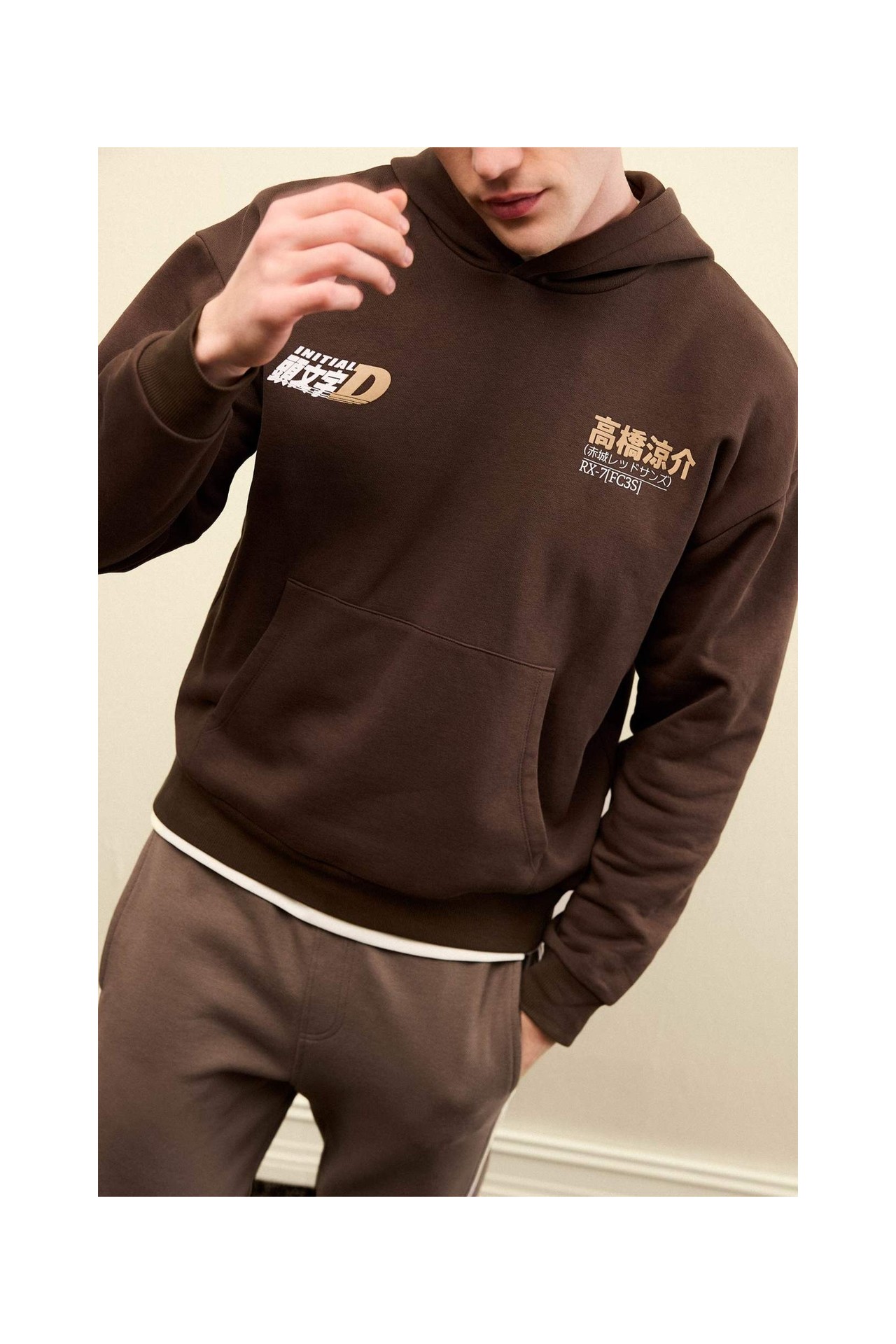 DeFacto Pamuklu Initial D Boxy Fit Kapüşonlu Baskılı Kalın Sweatshirt Kumaşı Sweatshirt F9760AX26SP görsel 4