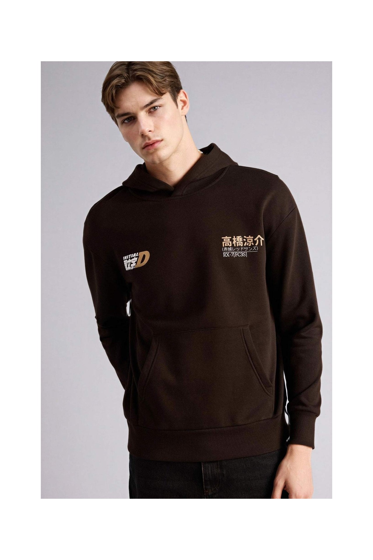 DeFacto Pamuklu Initial D Boxy Fit Kapüşonlu Baskılı Kalın Sweatshirt Kumaşı Sweatshirt F9760AX26SP görsel 5