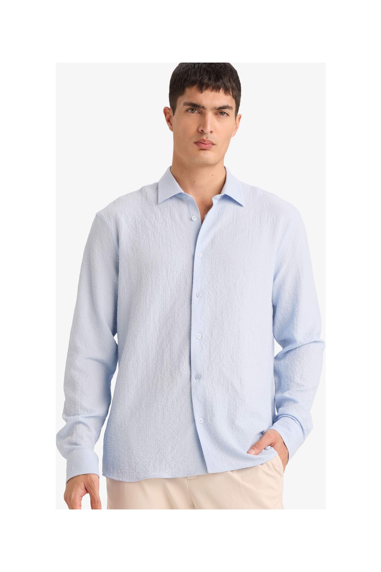 DeFacto Modern Fit Polo Yaka Dokuma Uzun Kollu Gömlek D7246AX26SP görsel 6