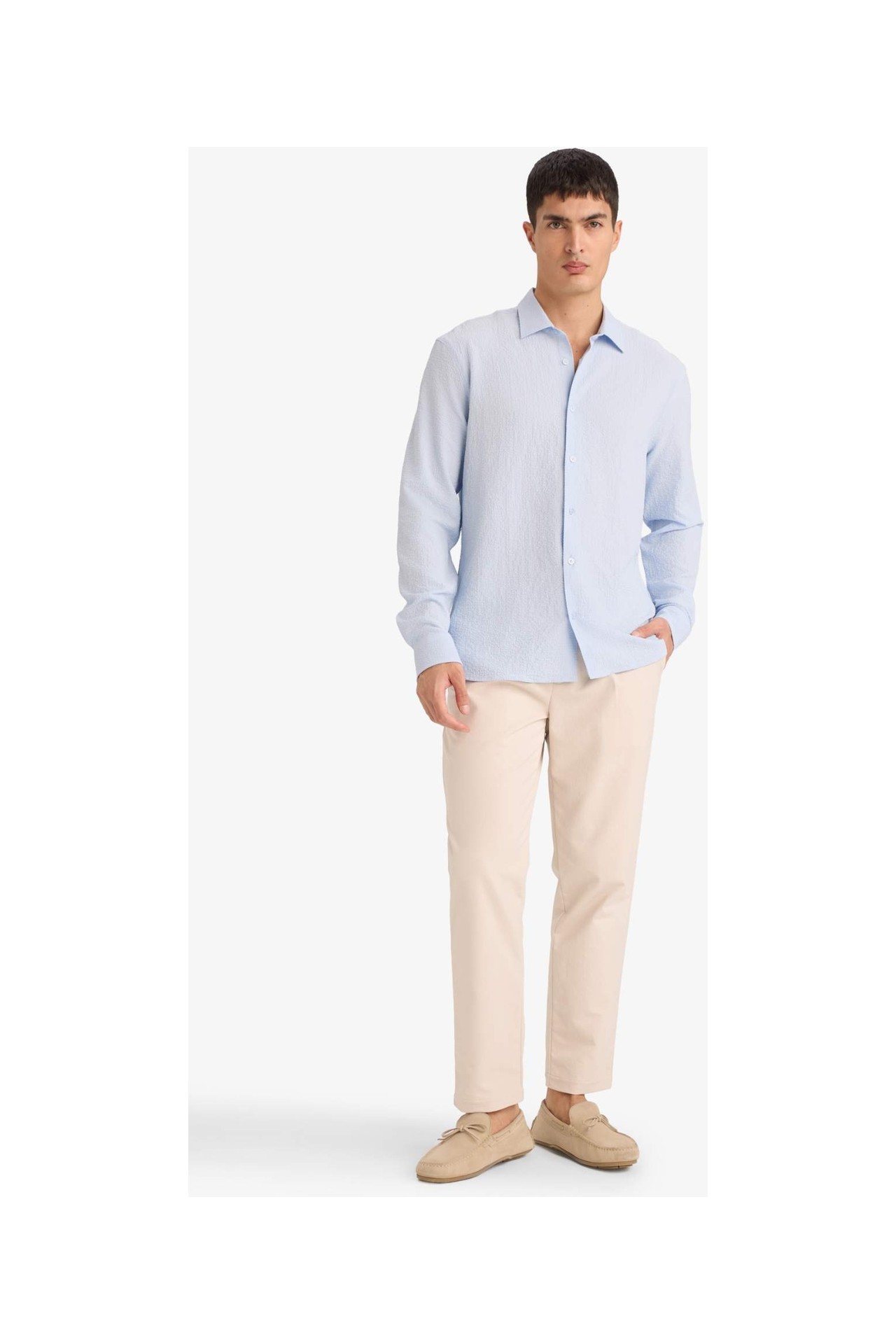 DeFacto Modern Fit Polo Yaka Dokuma Uzun Kollu Gömlek D7246AX26SP görsel 7
