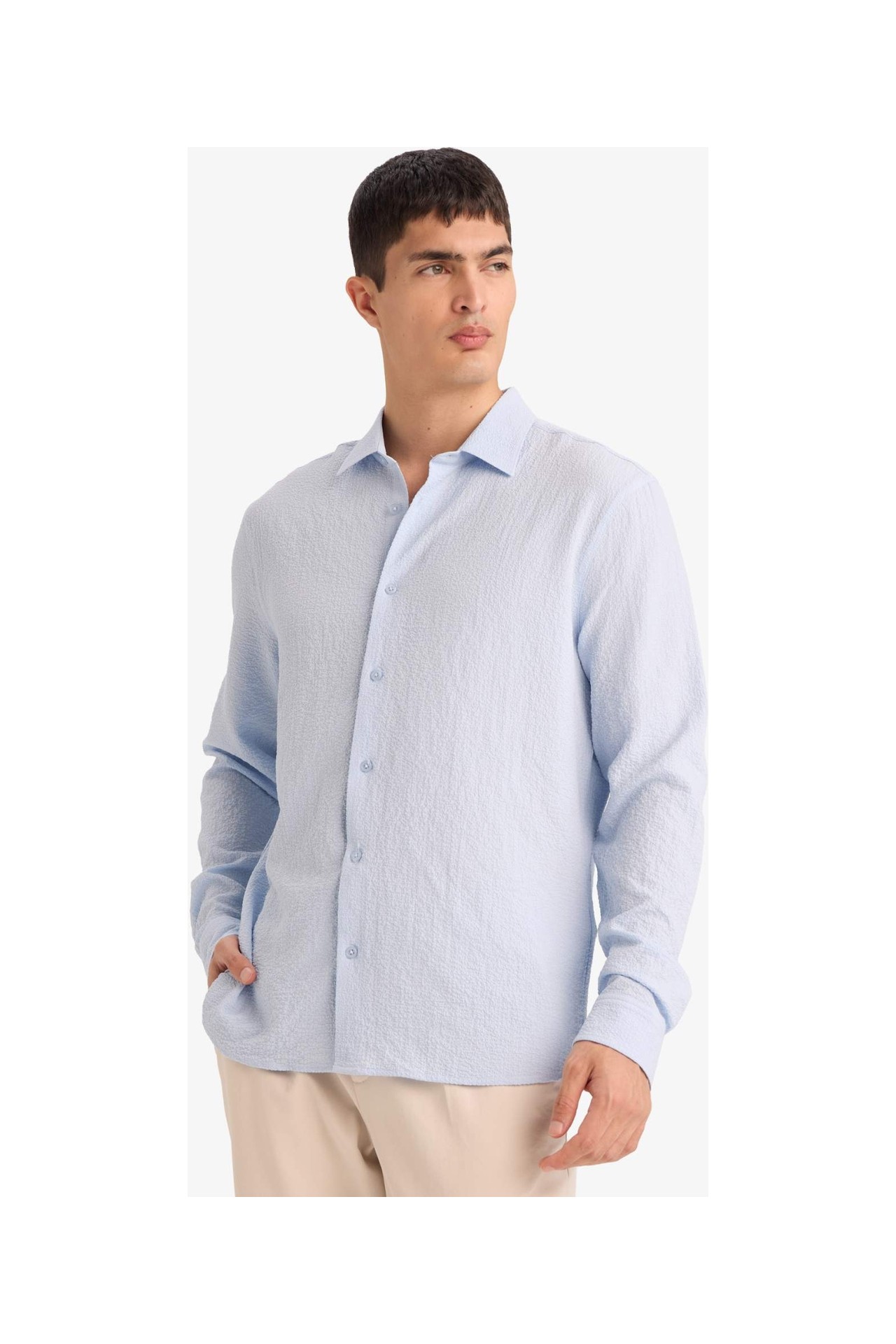 DeFacto Modern Fit Polo Yaka Dokuma Uzun Kollu Gömlek D7246AX26SP görsel 8