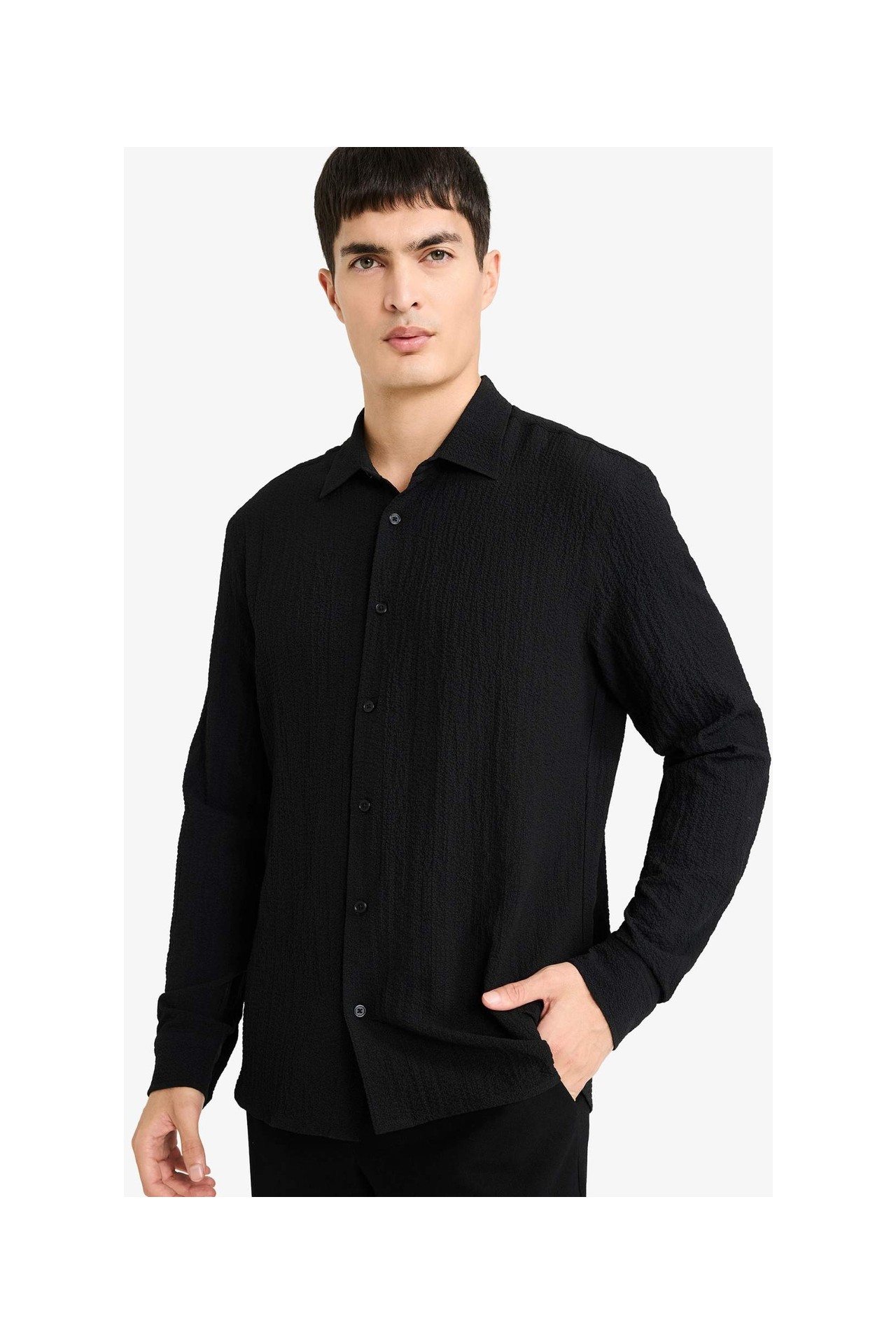 DeFacto Modern Fit Polo Yaka Dokuma Uzun Kollu Gömlek D7246AX26SP