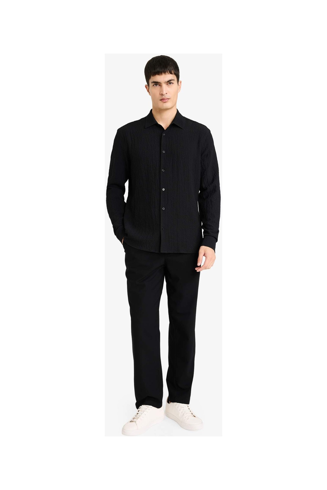 DeFacto Modern Fit Polo Yaka Dokuma Uzun Kollu Gömlek D7246AX26SP görsel 2