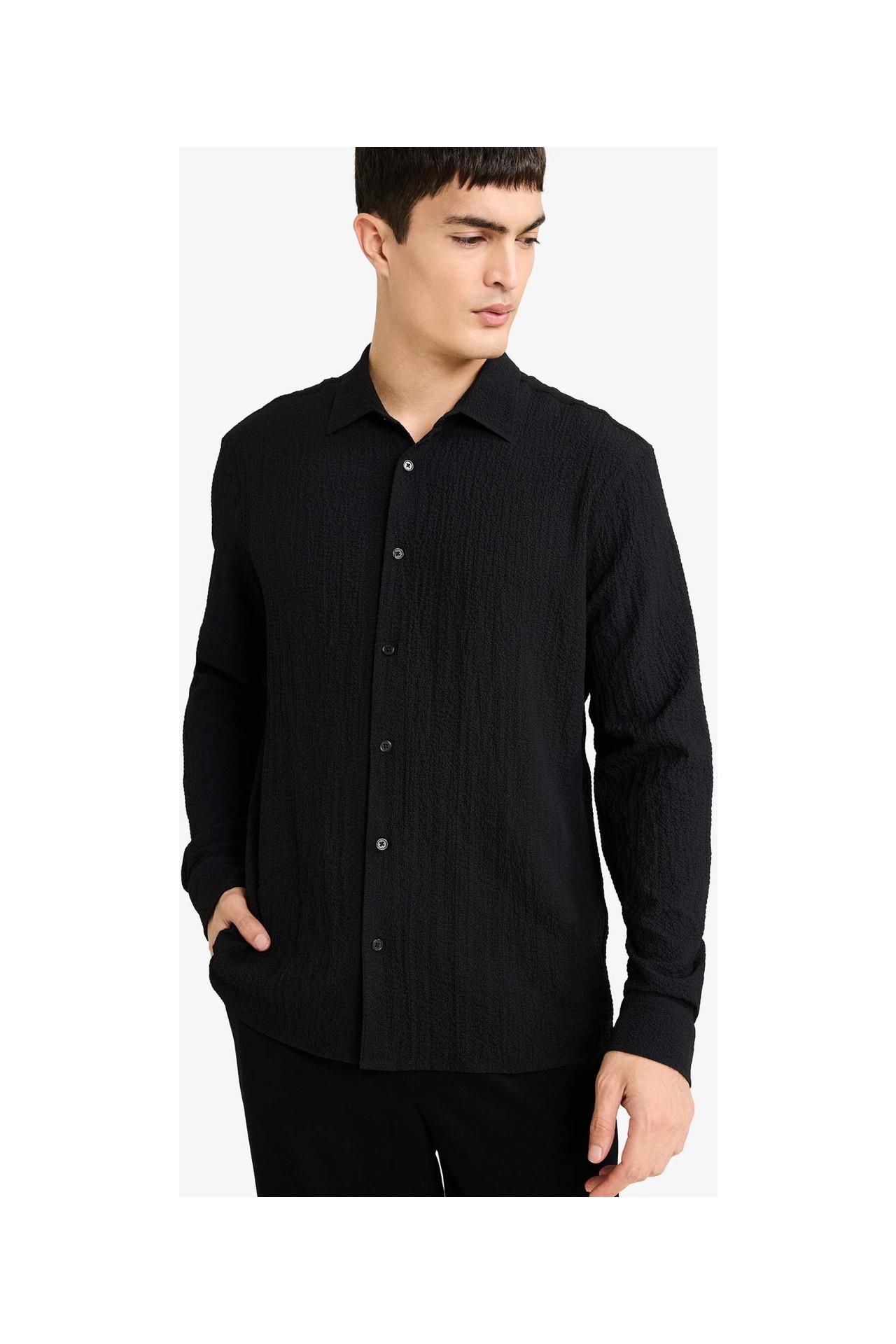 DeFacto Modern Fit Polo Yaka Dokuma Uzun Kollu Gömlek D7246AX26SP görsel 3