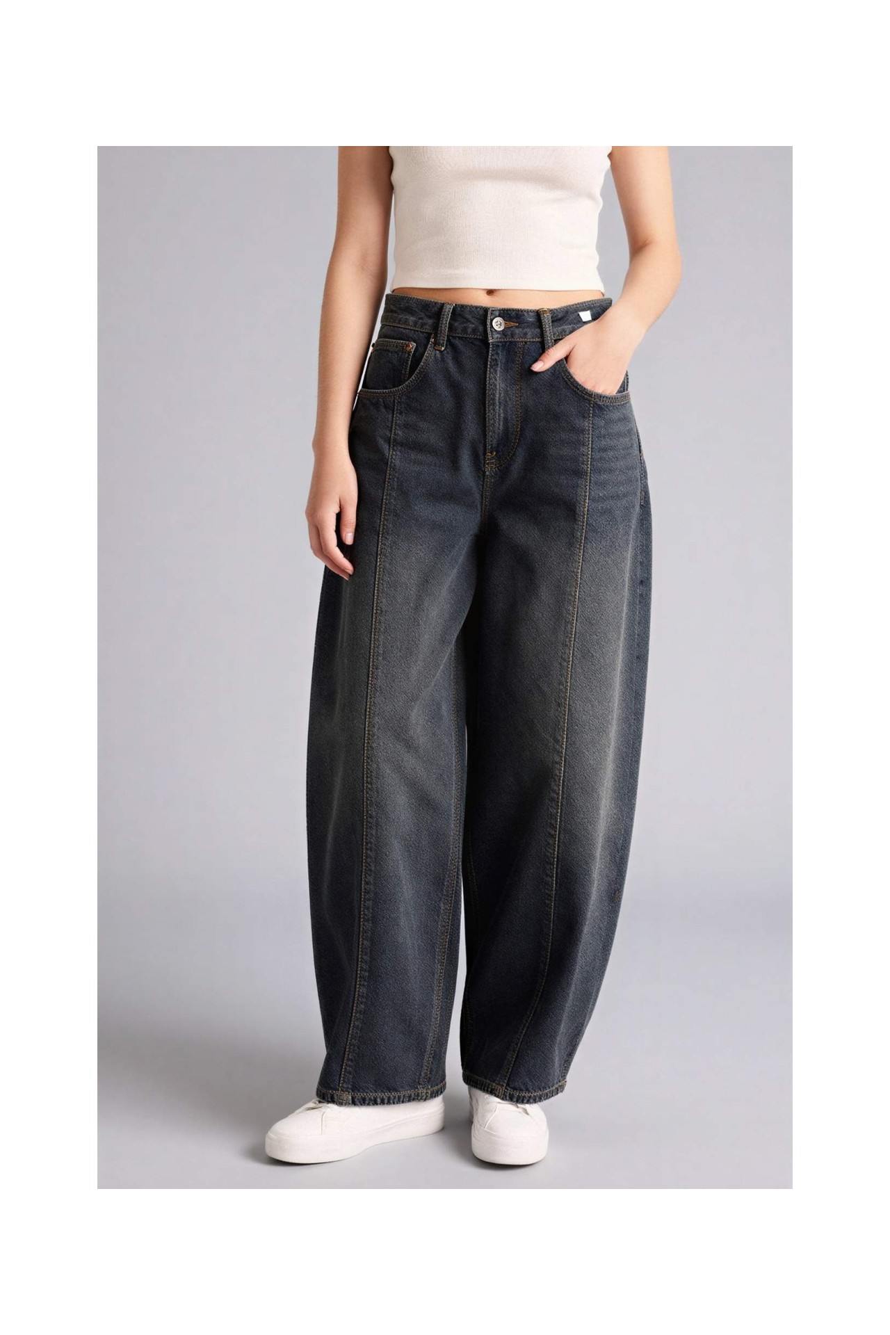 DeFacto %100 Pamuk Barrel Fit Yüksek Bel Bilek Boy Jean Yıkamalı Pantolon H0135AX26SP görsel 3