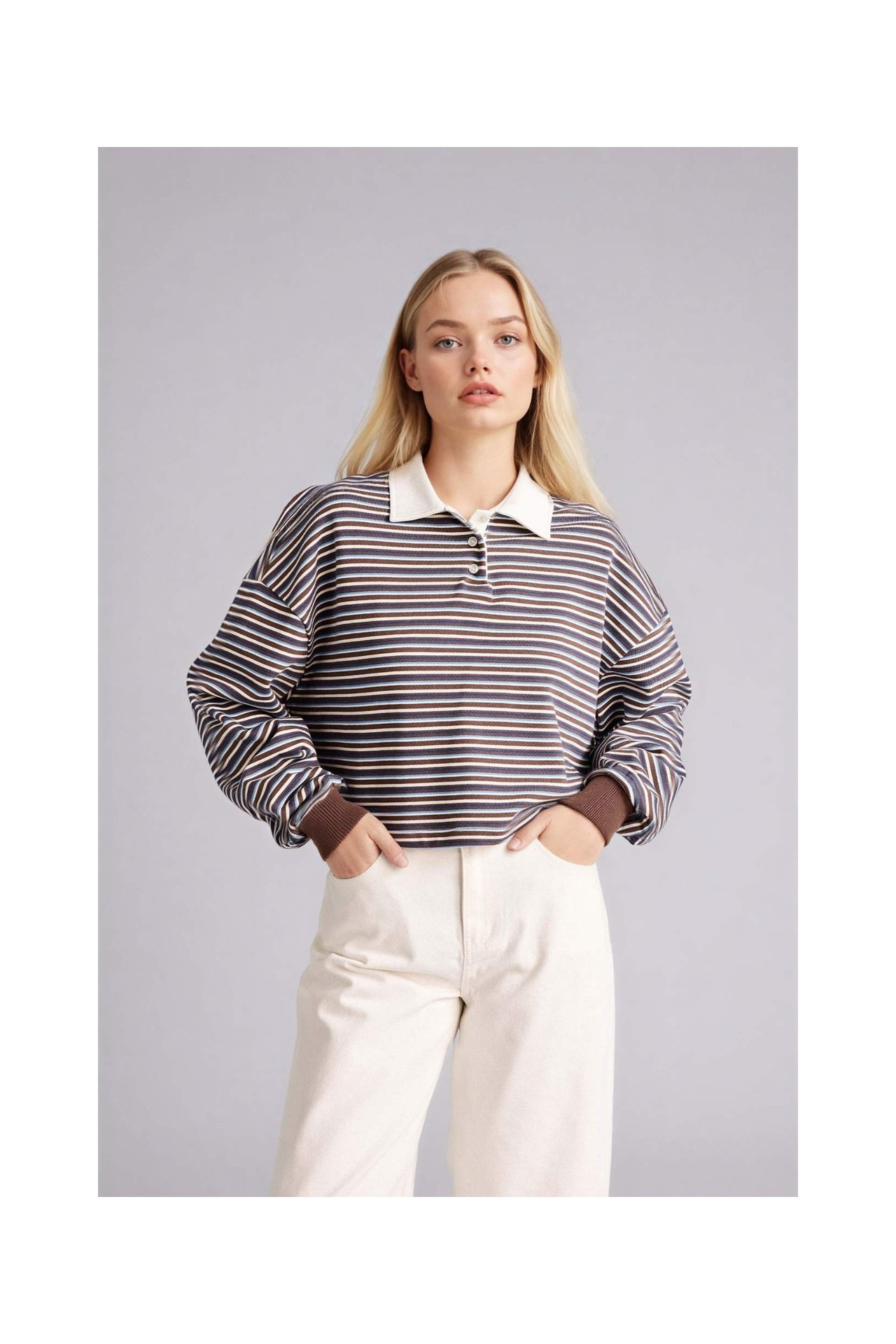 DeFacto %100 Pamuk Loose Fit Çizgili Sweatshirt G9460AX26SP görsel 3
