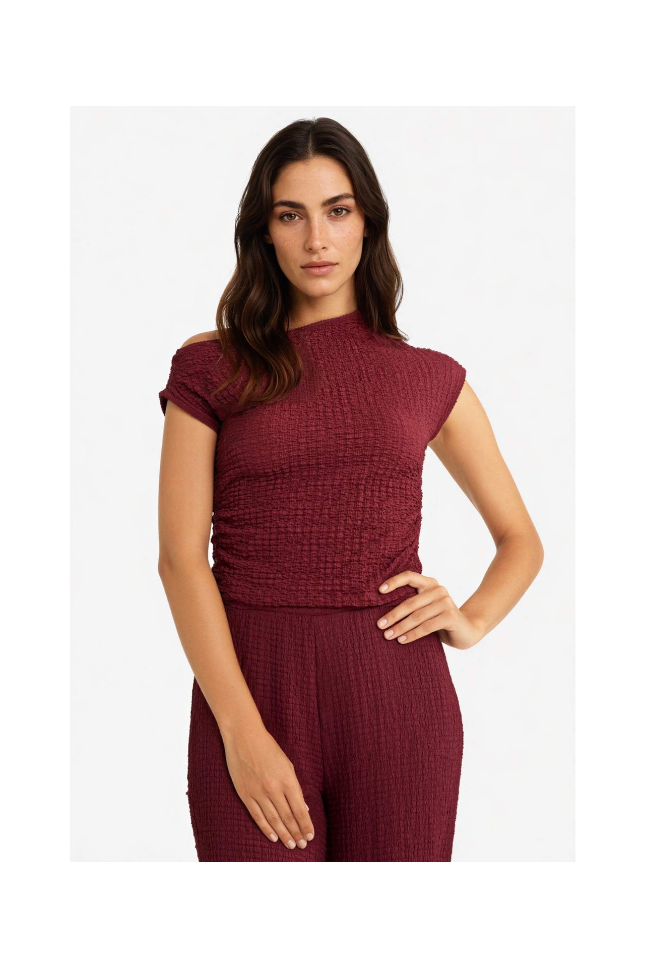 DeFacto Slim Fit Dar Kesim Tek Omuzlu Kırışık Dokulu Bluz G2703AX25AU görsel 7