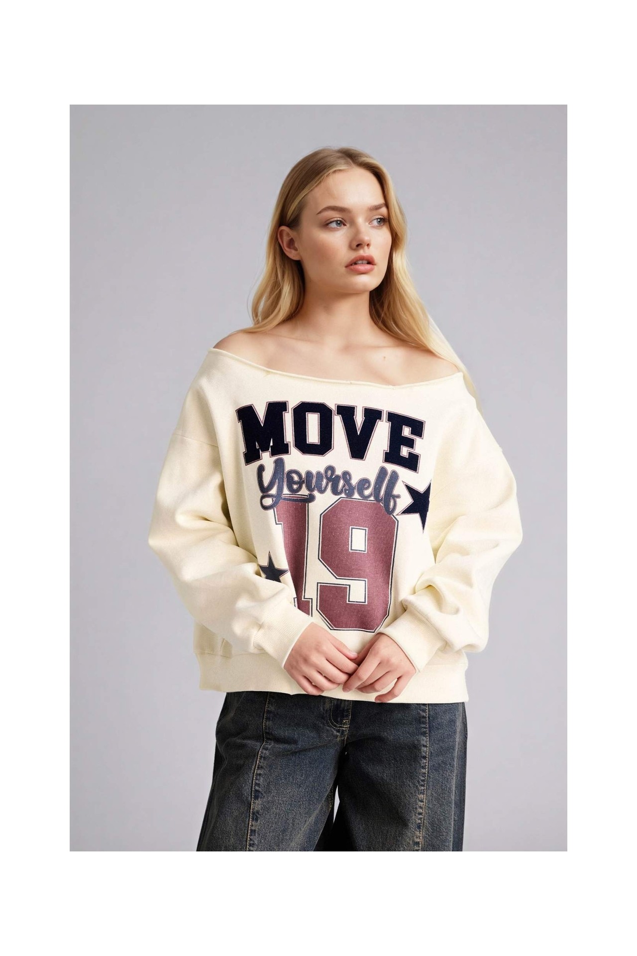 DeFacto Oversize Kayık Yaka Baskılı Sweatshirt G9613AX26SP