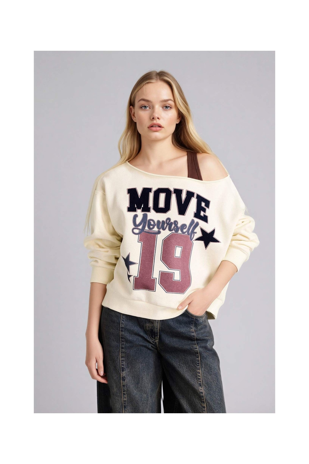 DeFacto Oversize Kayık Yaka Baskılı Sweatshirt G9613AX26SP görsel 3