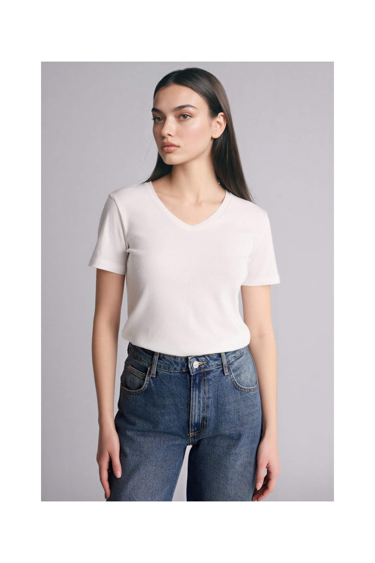 DeFacto %100 Pamuk Slim Fit V Yaka Basic Düz Ribana Kısa Kollu Tişört I1080AZ26SP görsel 8