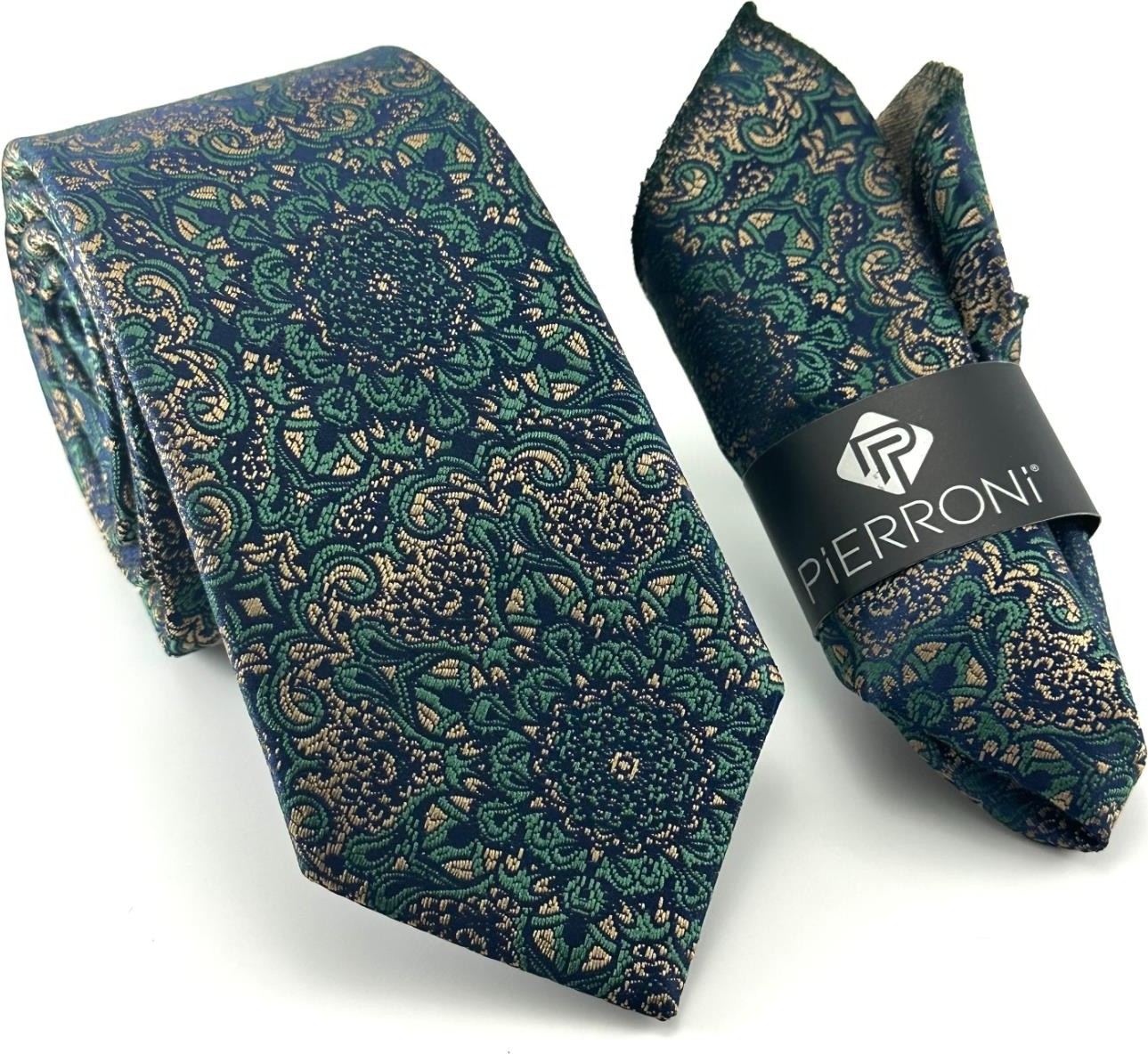 Pierroni Yeşil Vizon Desenli Mendilli Kravat Microfiber Kumaş ile Şık Tasarım