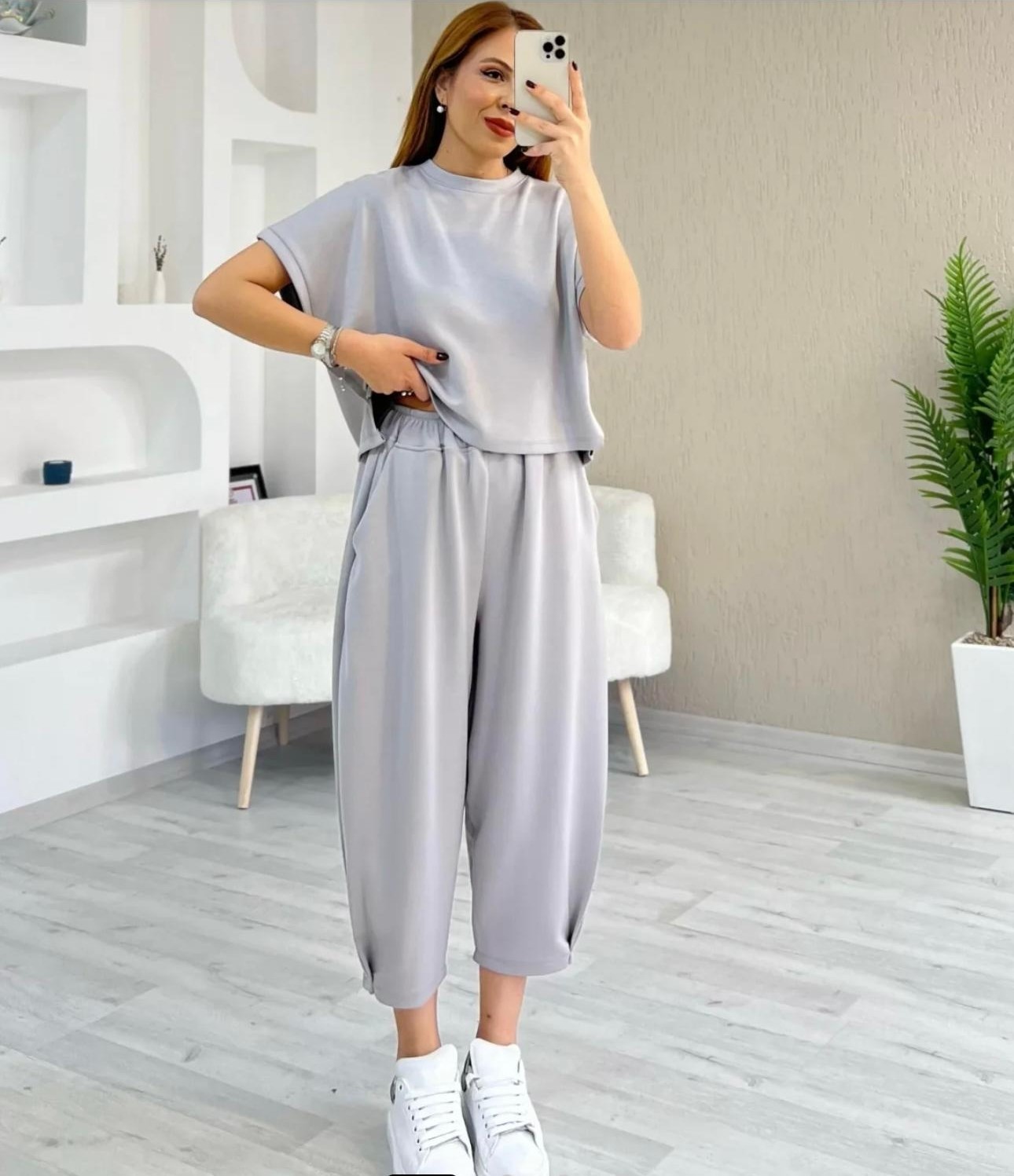 Trending Size Modal Dokulu Kısa Kol Şalvar Takım