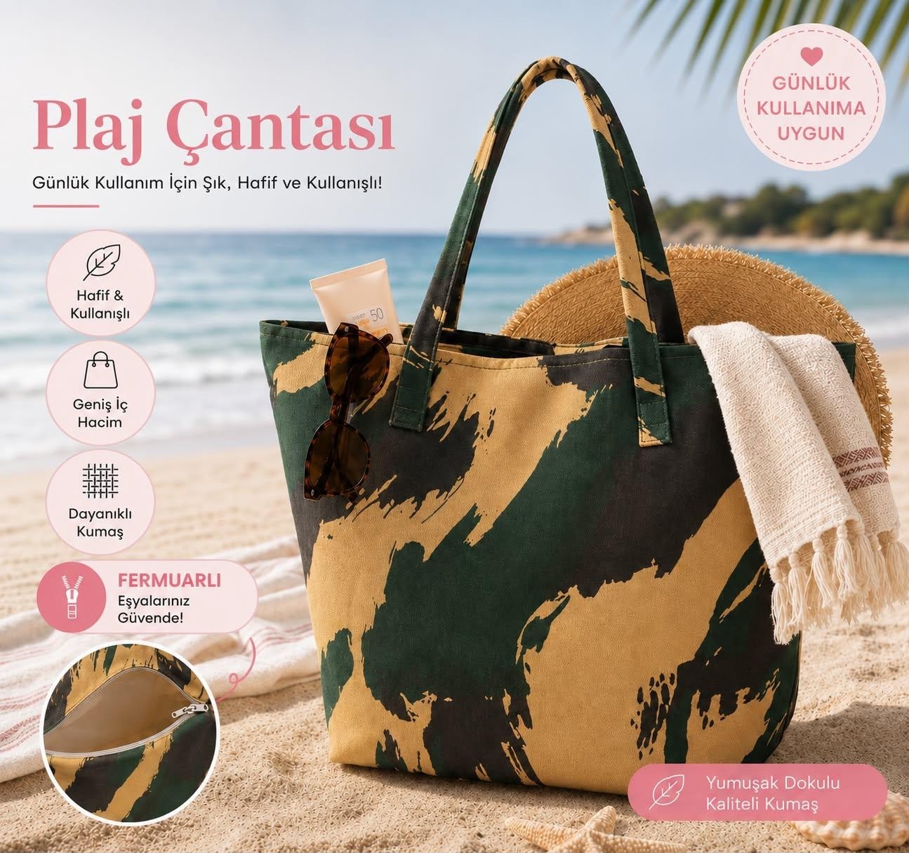 Azer Çanta Plaj Çantası - Fermuarlı - Geniş Kullanışlı - Lüks Plaj Çantası görsel 8