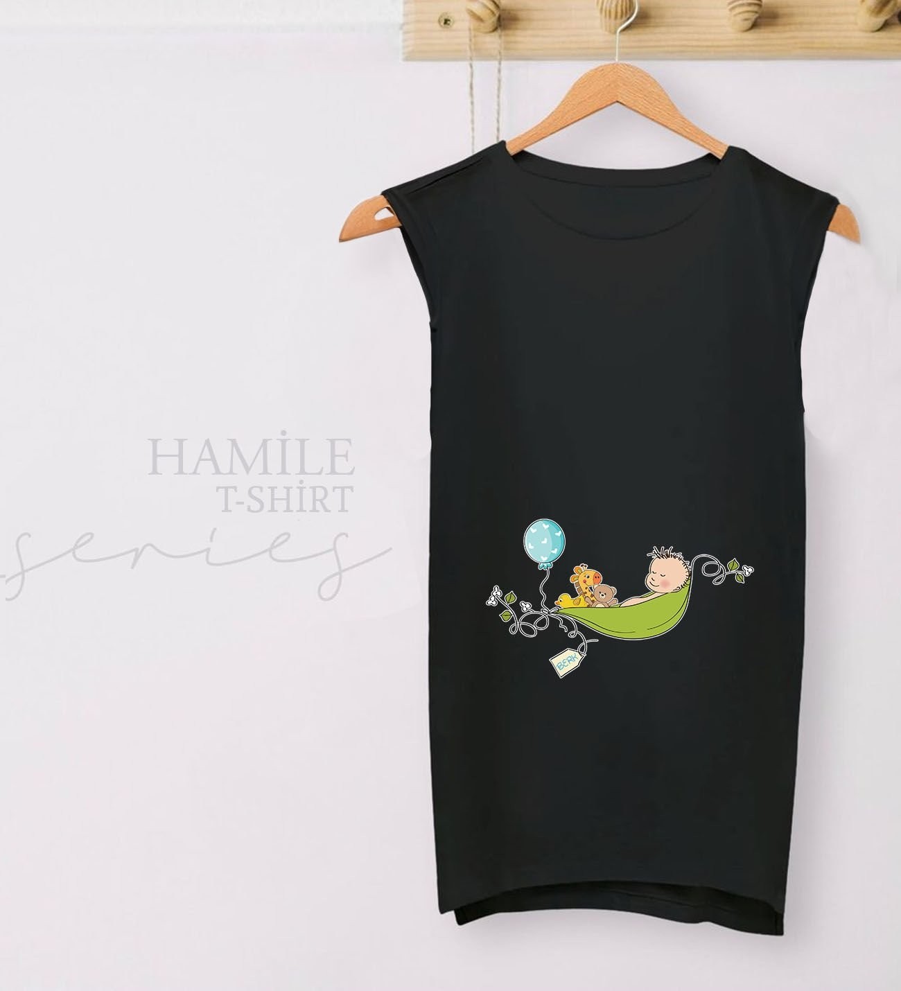 BK Gift Kişiye Özel Isimli Bebek Tasarımlı Siyah Sıfır Kol Hamile Tişört-2, Hamile Giyim, Eşe Hediye görsel 2