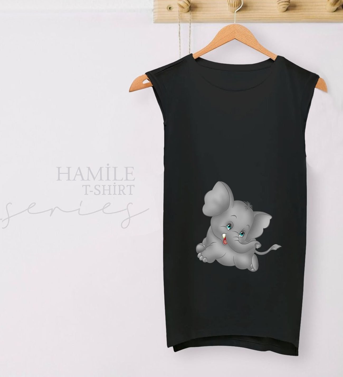 BK Gift Bebek Fil Tasarımlı Siyah Sıfır Kol Hamile Tişört-2, Hamile Giyim, Eşe Hediye görsel 2