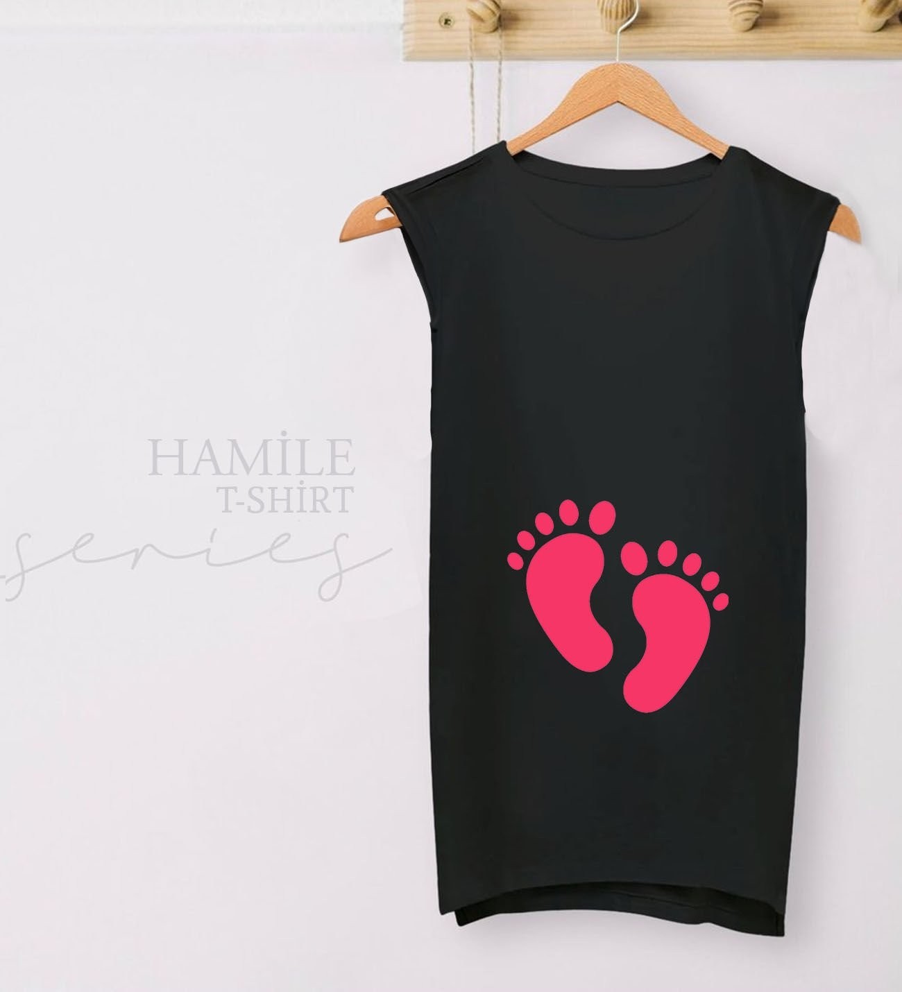 BK Gift Ayak Izi Tasarımlı Siyah Sıfır Kol Hamile Tişört-2, Hamile Giyim, Eşe Hediye görsel 2