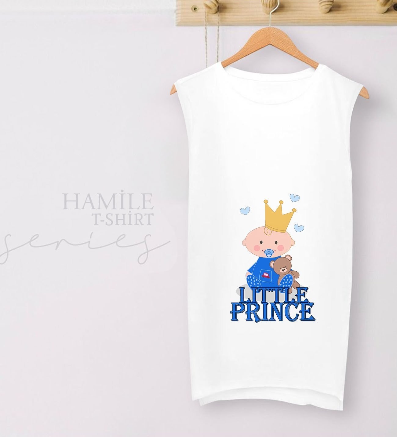 BK Gift Little Prince Tasarımlı Beyaz Sıfır Kol Hamile Tişört-1, Hamile Giyim, Eşe Hediye görsel 2