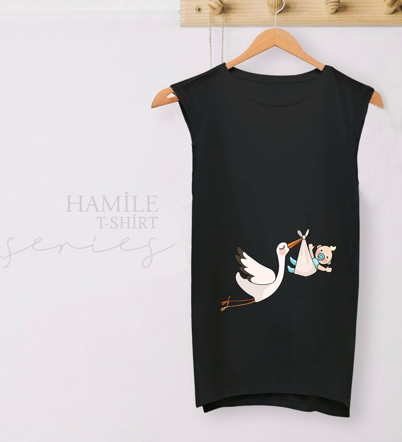 BK Gift Bebek Tasarımlı Siyah Sıfır Kol Hamile Tişört-3, Hamile Giyim, Eşe Hediye görsel 2