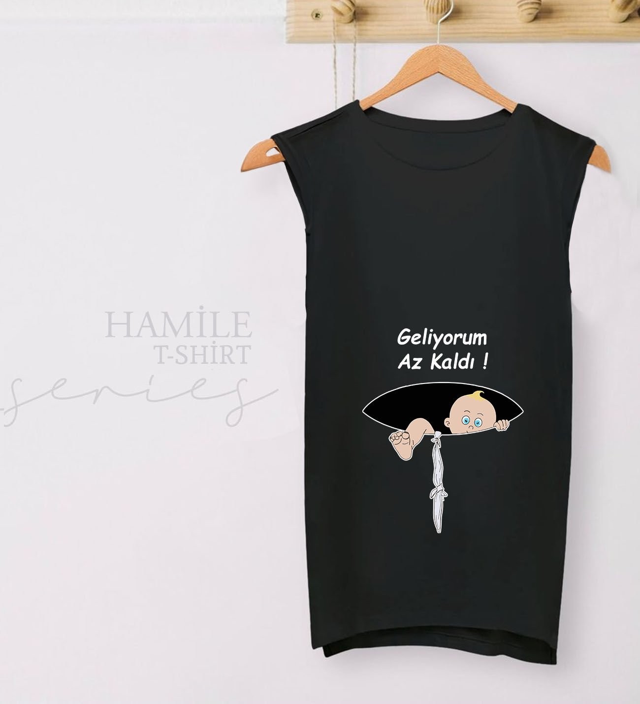 BK Gift Esprili Tasarım Siyah Sıfır Kol Hamile Tişört-3, Hamile Giyim, Eşe Hediye görsel 2