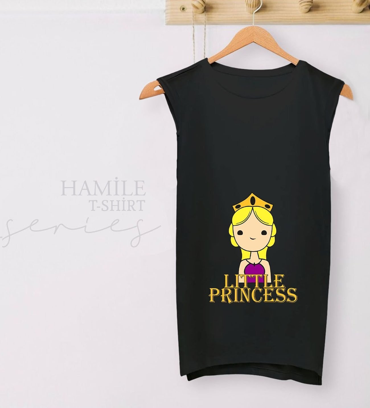 BK Gift Little Princess Tasarımlı Siyah Sıfır Kol Hamile Tişört-1, Hamile Giyim, Eşe Hediye görsel 2