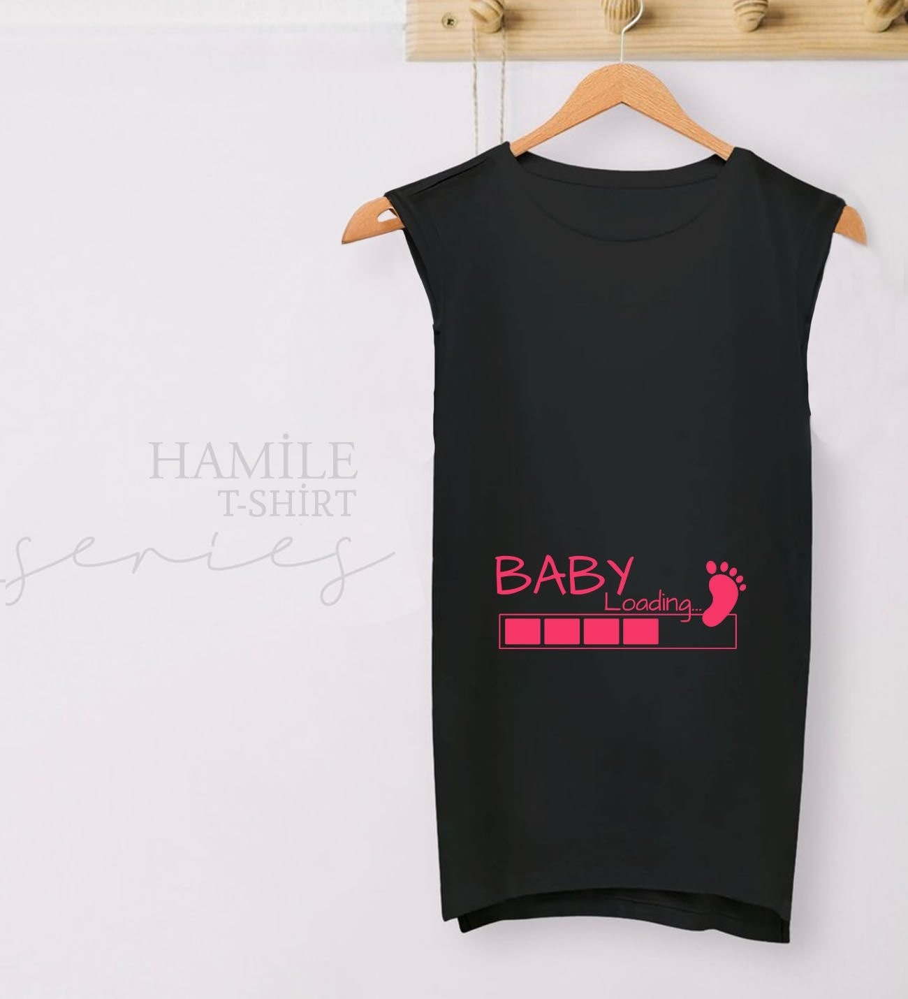 BK Gift Baby Loading Tasarımlı Siyah Sıfır Kol Hamile Tişört-1, Hamile Giyim, Eşe Hediye görsel 2