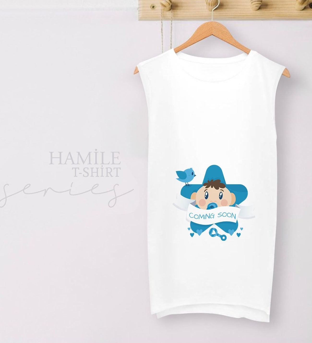 BK Gift Coming Soon Tasarımlı Beyaz Sıfır Kol Hamile Tişört-1, Hamile Giyim, Eşe Hediye görsel 2