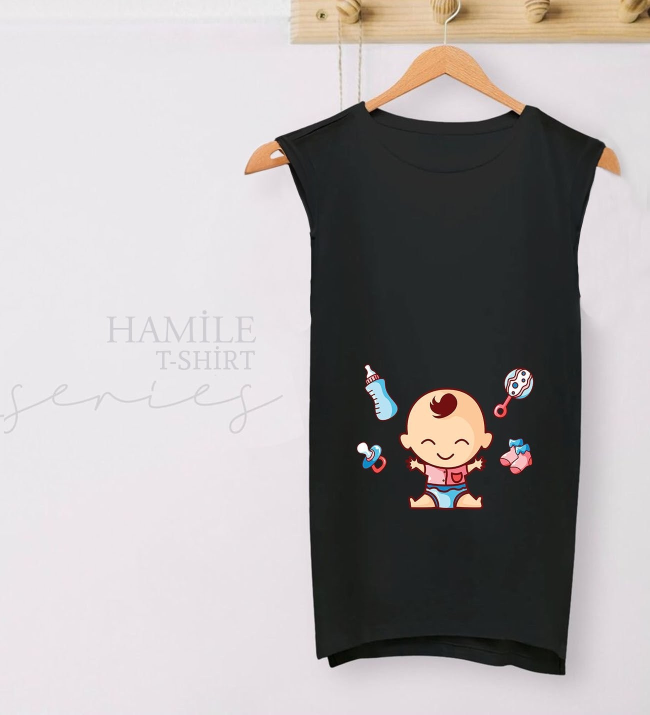 BK Gift Bebek Tasarımlı Siyah Sıfır Kol Hamile Tişört-2, Hamile Giyim, Eşe Hediye görsel 2