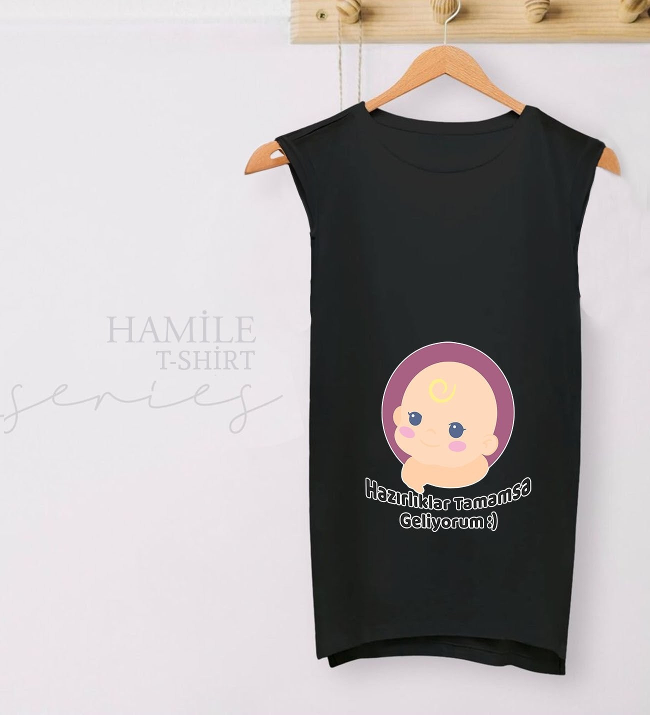 BK Gift Esprili Tasarım Siyah Sıfır Kol Hamile Tişört-1, Hamile Giyim, Eşe Hediye görsel 2