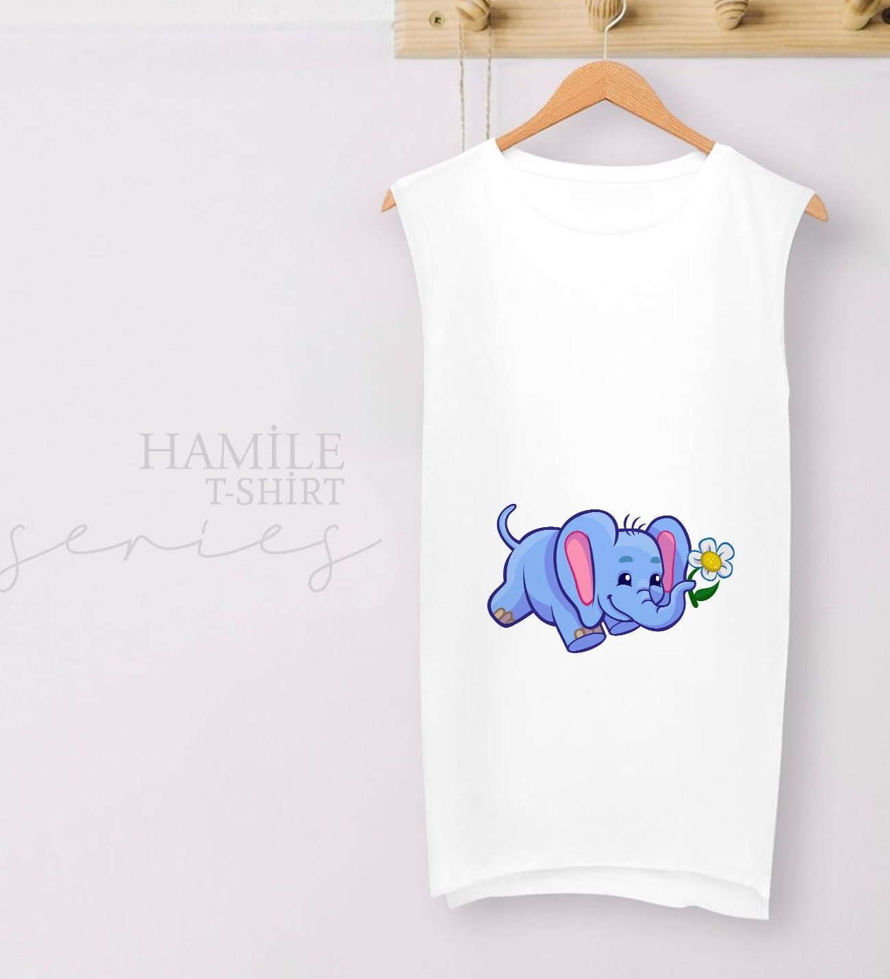 BK Gift Bebek Fil Tasarımlı Beyaz Sıfır Kol Hamile Tişört-1, Hamile Giyim, Eşe Hediye görsel 2