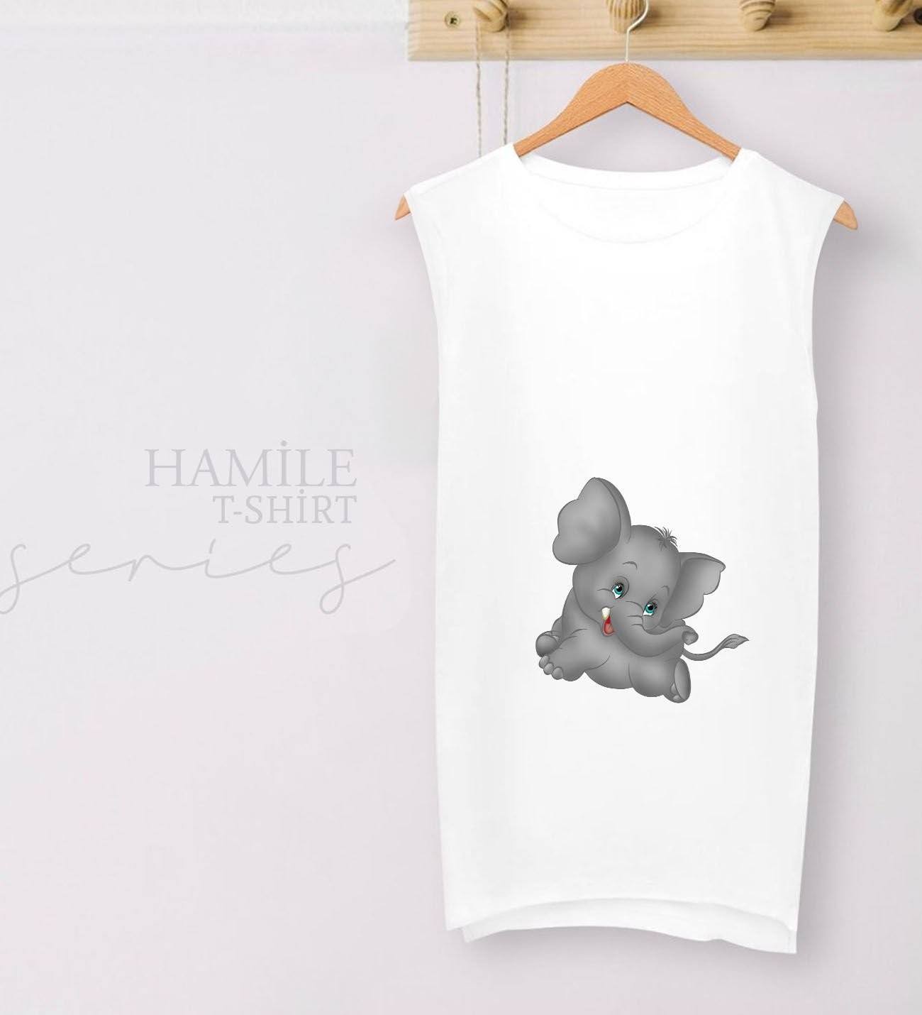 BK Gift Bebek Fil Tasarımlı Beyaz Sıfır Kol Hamile Tişört-2, Hamile Giyim, Eşe Hediye görsel 2