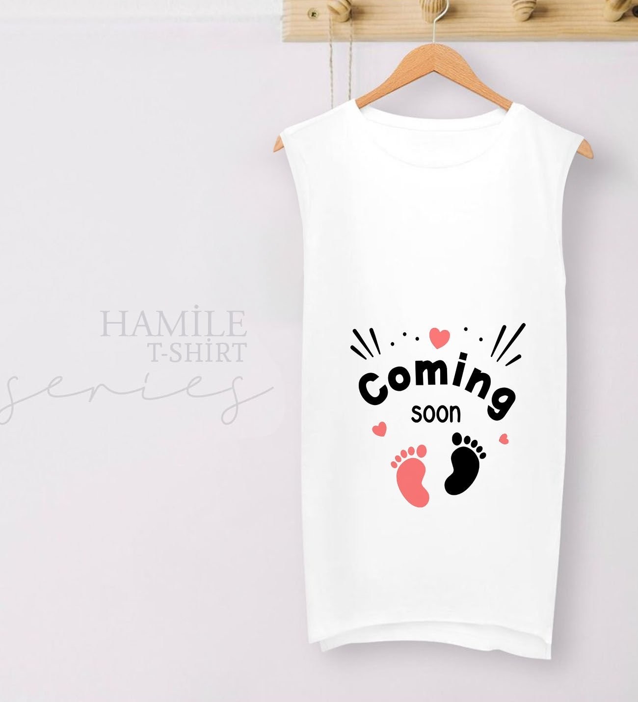 BK Gift Coming Soon Tasarımlı Beyaz Sıfır Kol Hamile Tişört-3, Hamile Giyim, Eşe Hediye görsel 2