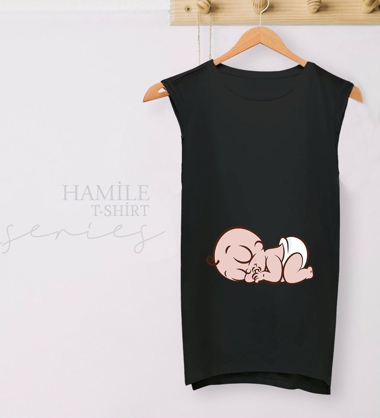 BK Gift Bebek Tasarımlı Siyah Sıfır Kol Hamile Tişört-1, Hamile Giyim, Eşe Hediye görsel 2