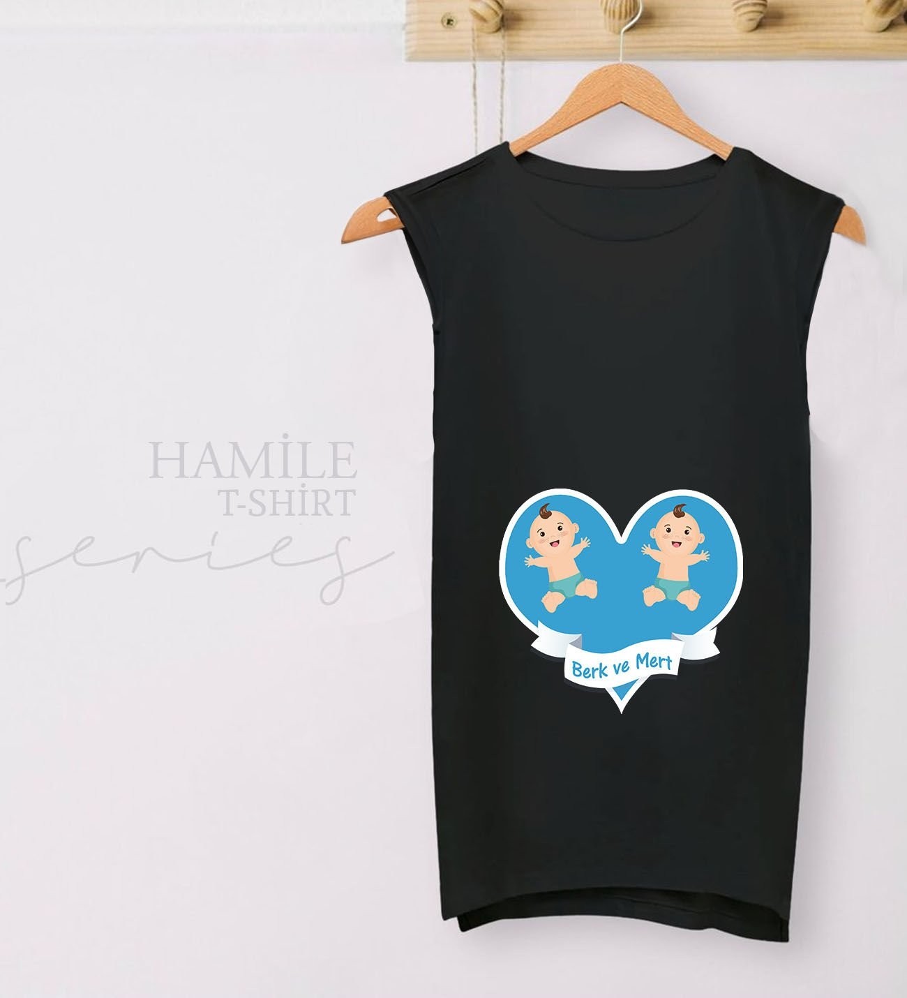 BK Gift Kişiye Özel Isimli Ikizler Tasarımlı Siyah Sıfır Kol Hamile Tişört-2, Hamile Giyim, Eşe Hediye görsel 2