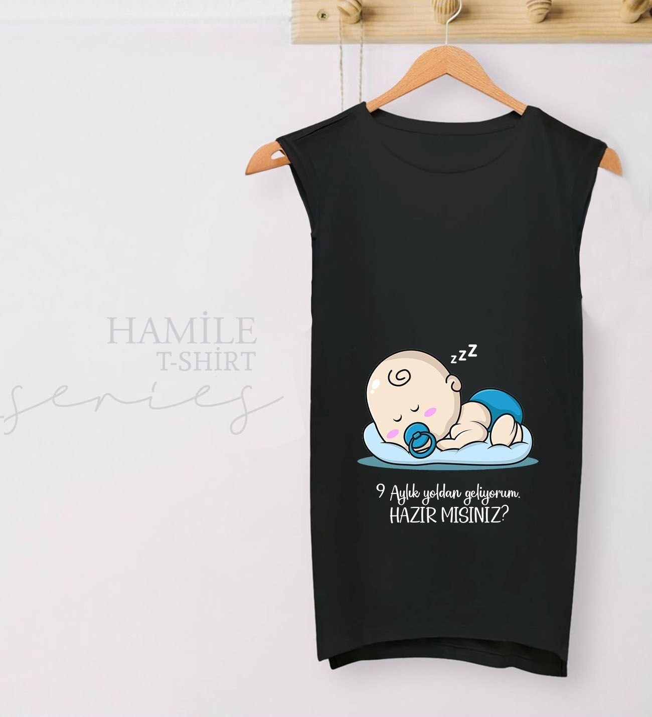BK Gift Esprili Tasarım Siyah Sıfır Kol Hamile Tişört-2, Hamile Giyim, Eşe Hediye görsel 2