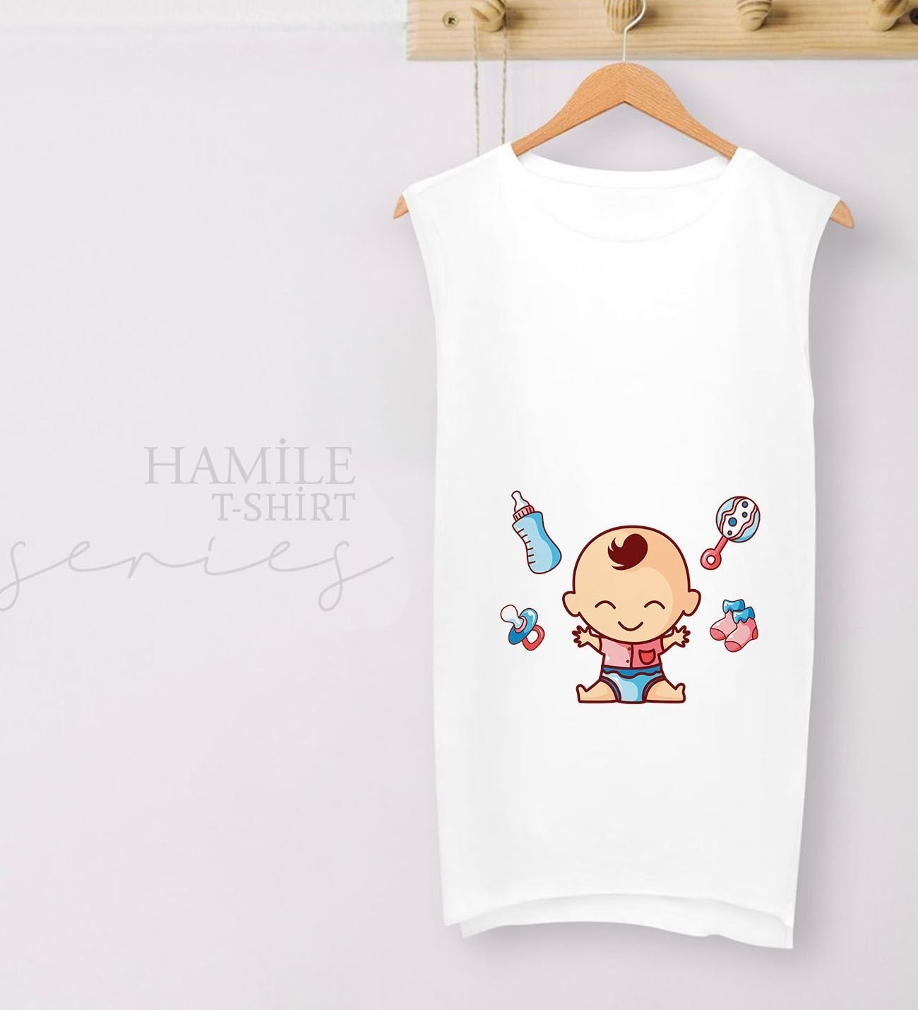 BK Gift Bebek Tasarımlı Beyaz Sıfır Kol Hamile Tişört-2, Hamile Giyim, Eşe Hediye görsel 2