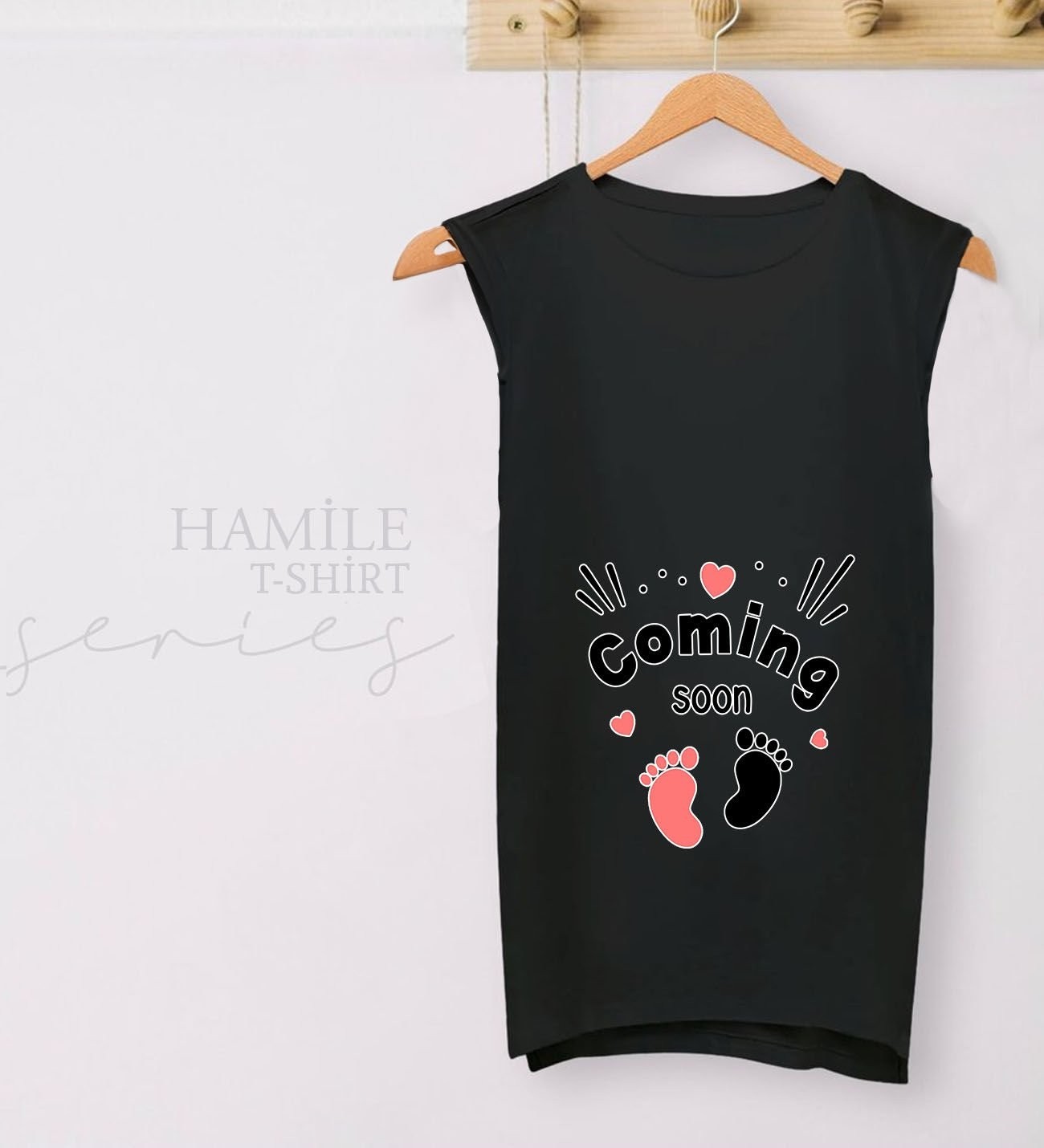 BK Gift Coming Soon Tasarımlı Siyah Sıfır Kol Hamile Tişört-3, Hamile Giyim, Eşe Hediye görsel 2