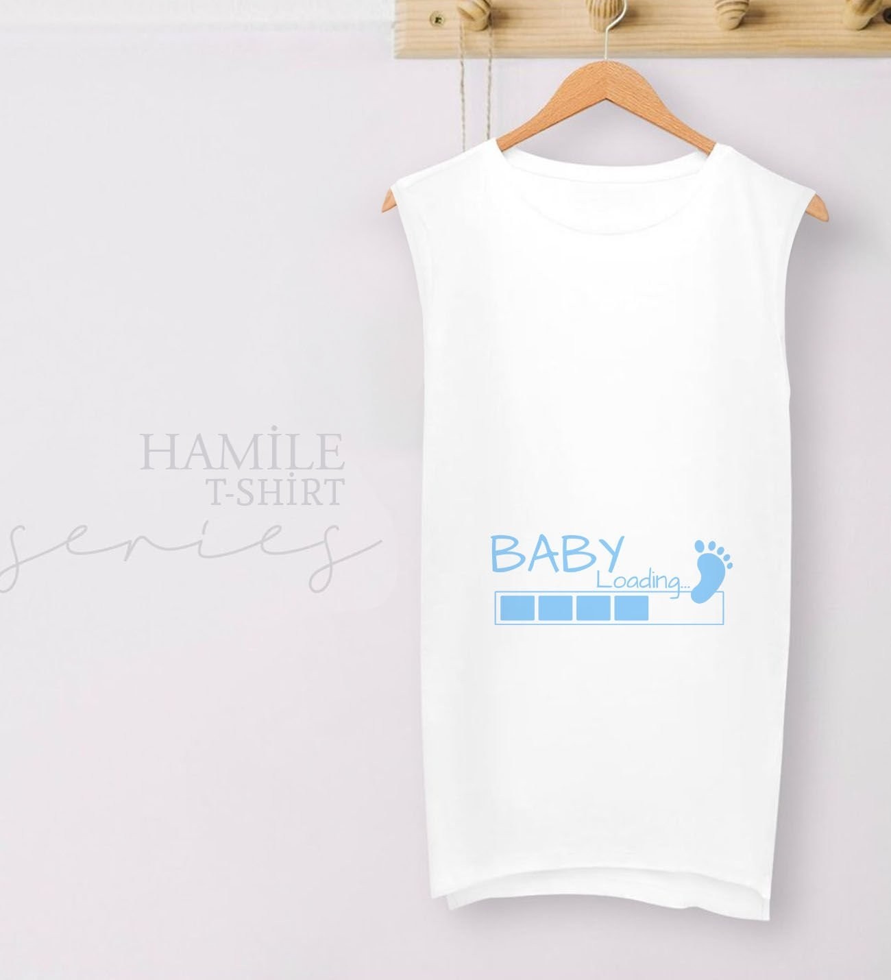 BK Gift Baby Loading Tasarımlı Beyaz Sıfır Kol Hamile Tişört-2, Hamile Giyim, Eşe Hediye görsel 2