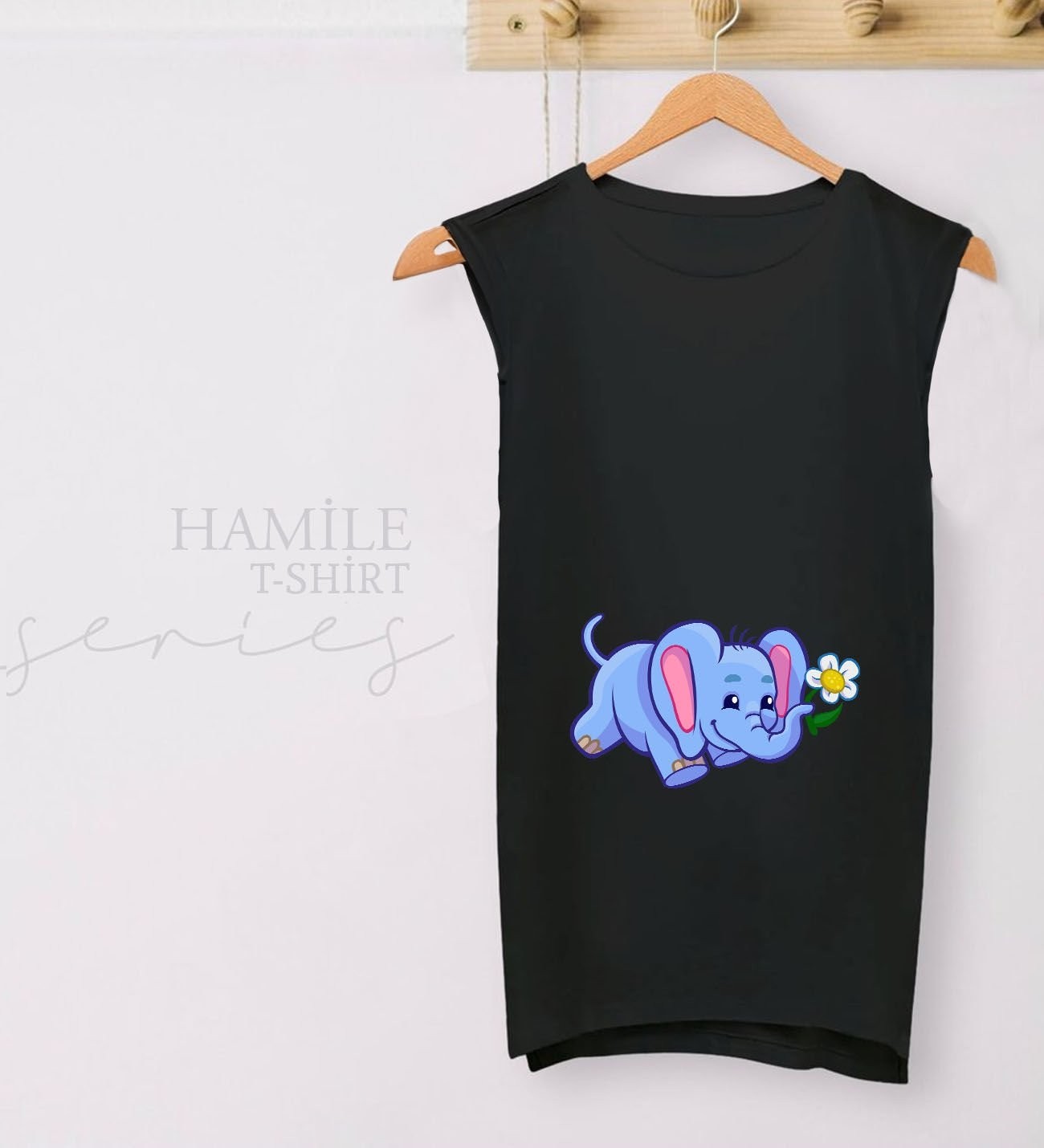 BK Gift Bebek Fil Tasarımlı Siyah Sıfır Kol Hamile Tişört-1, Hamile Giyim, Eşe Hediye görsel 2