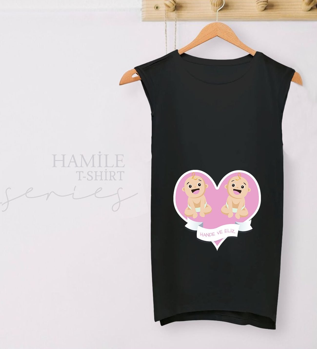 BK Gift Kişiye Özel Isimli Ikizler Tasarımlı Siyah Sıfır Kol Hamile Tişört-1, Hamile Giyim, Eşe Hediye görsel 2